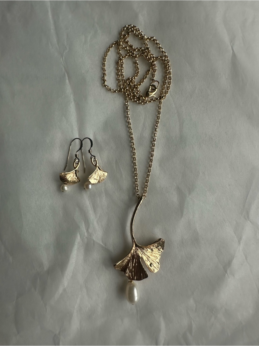 Gold Ginkgo Leaf Necklace & Earrings Set with Pearl Accent